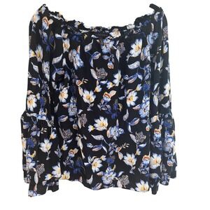 White House Black Market Off Shoulder Black Floral Blouse S Long Bell Sleeve Y2K
